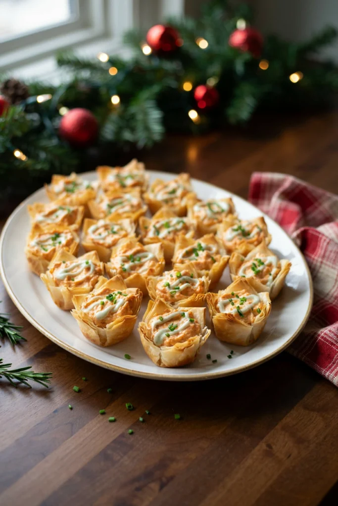 Mini phyllo cups filled with buffalo chicken dip, topped with a drizzle of ranch and chives