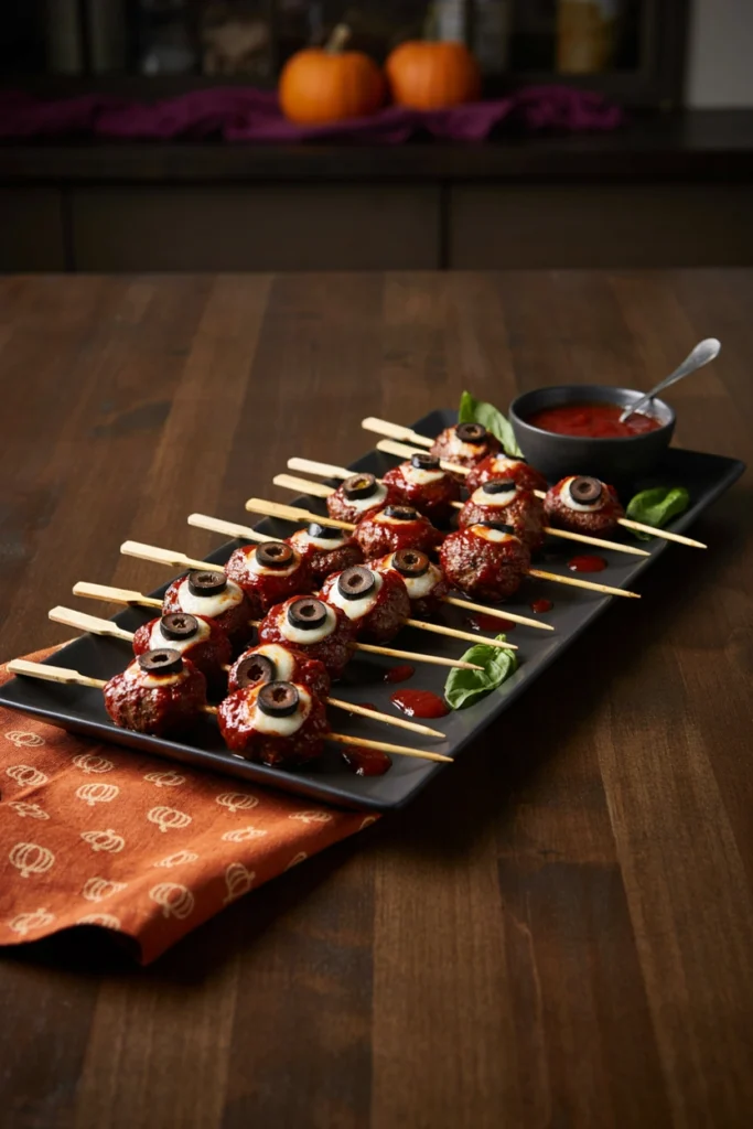 Meatball Eyeball Skewers - Halloween appetizer recipe