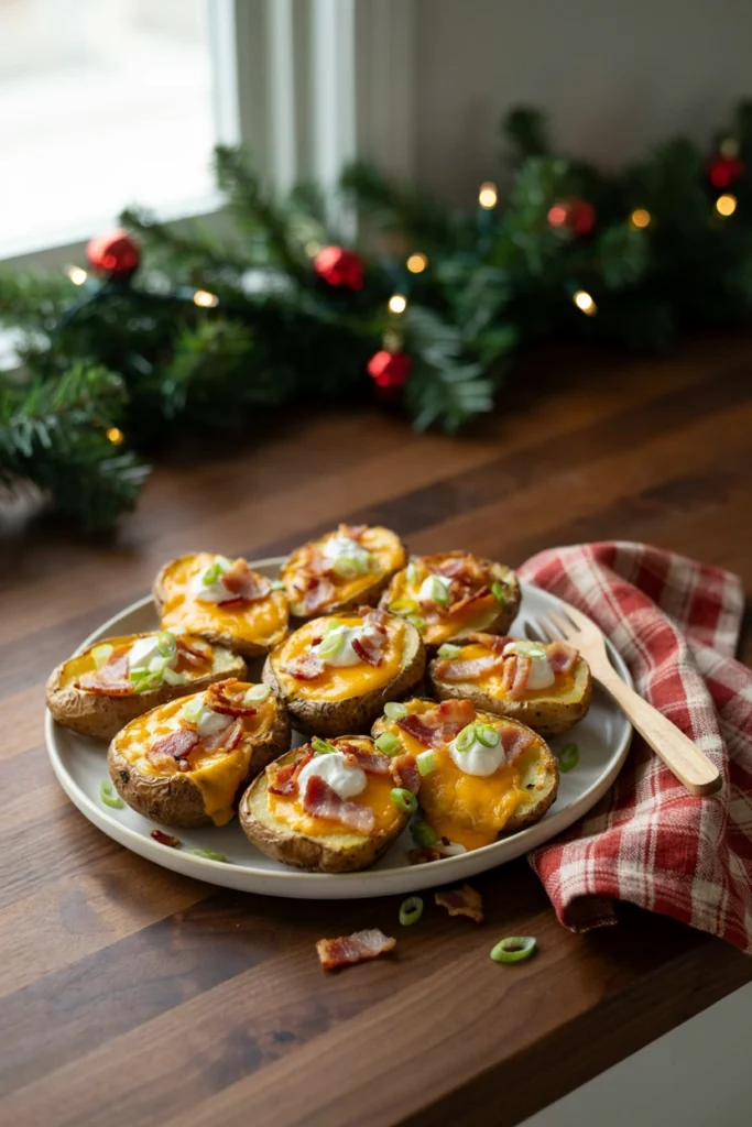 Loaded potato skins topped with cheese, bacon, and green onions