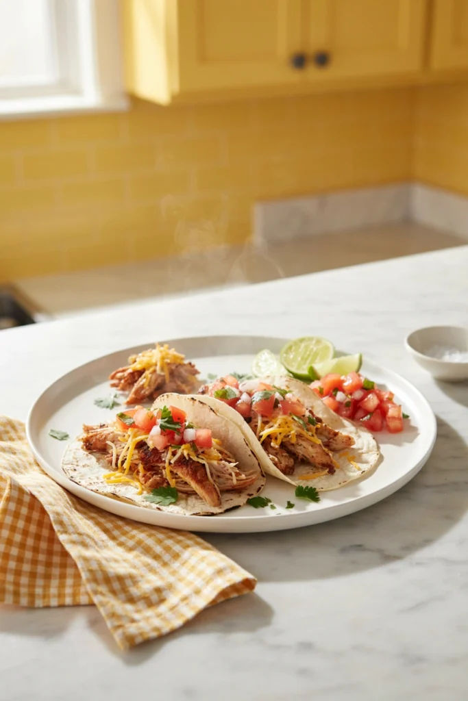 Shredded rotisserie chicken tacos with fresh toppings