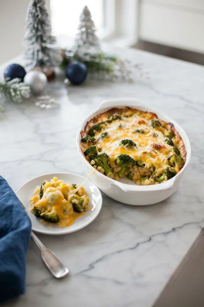 Broccoli Cheddar Rice Bake, Christmas potluck recipe