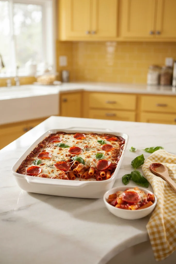 Cheesy pizza pasta with mini pepperoni