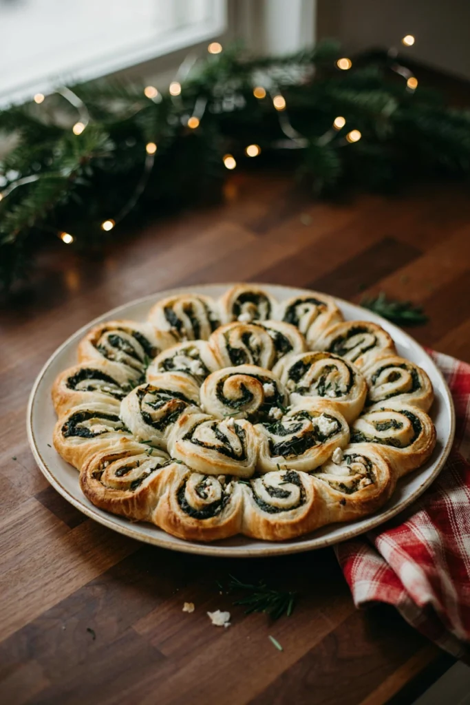 Spinach and feta puff pastry pinwheels sliced and arranged on a plate