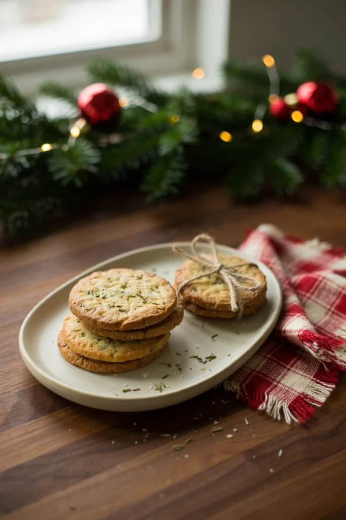 Rosemary parmesan shortbread crackers stacked and tied with twine, ready for a cheese board