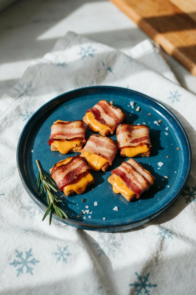 Crispy bacon-wrapped crackers with cheese peeking out