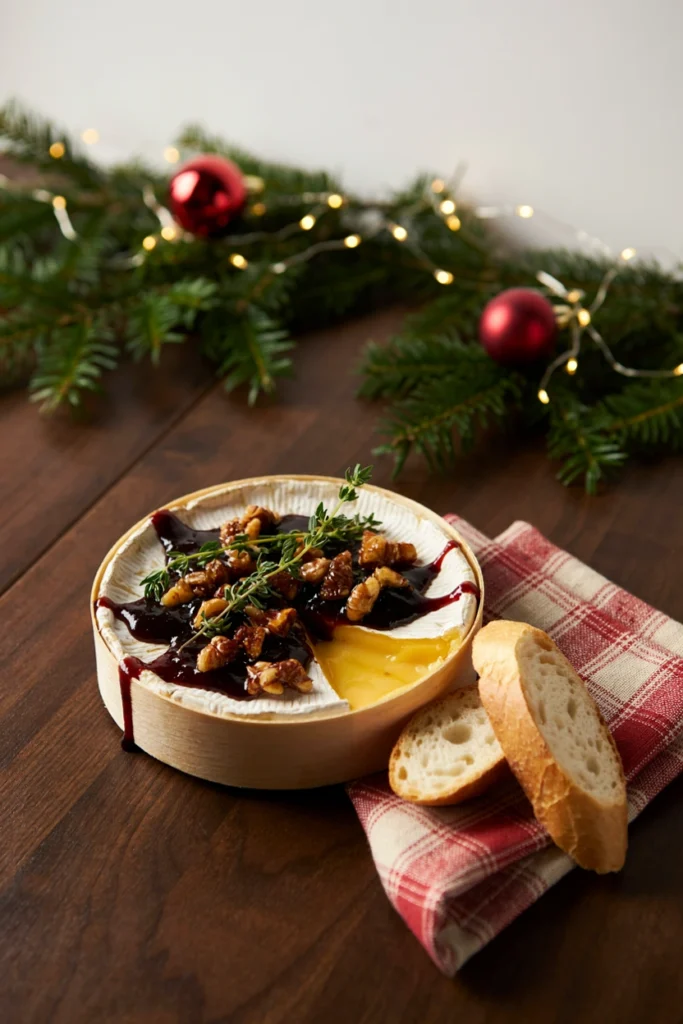 A wheel of baked Camembert in its box, topped with fig jam and walnuts, oozing at the center
