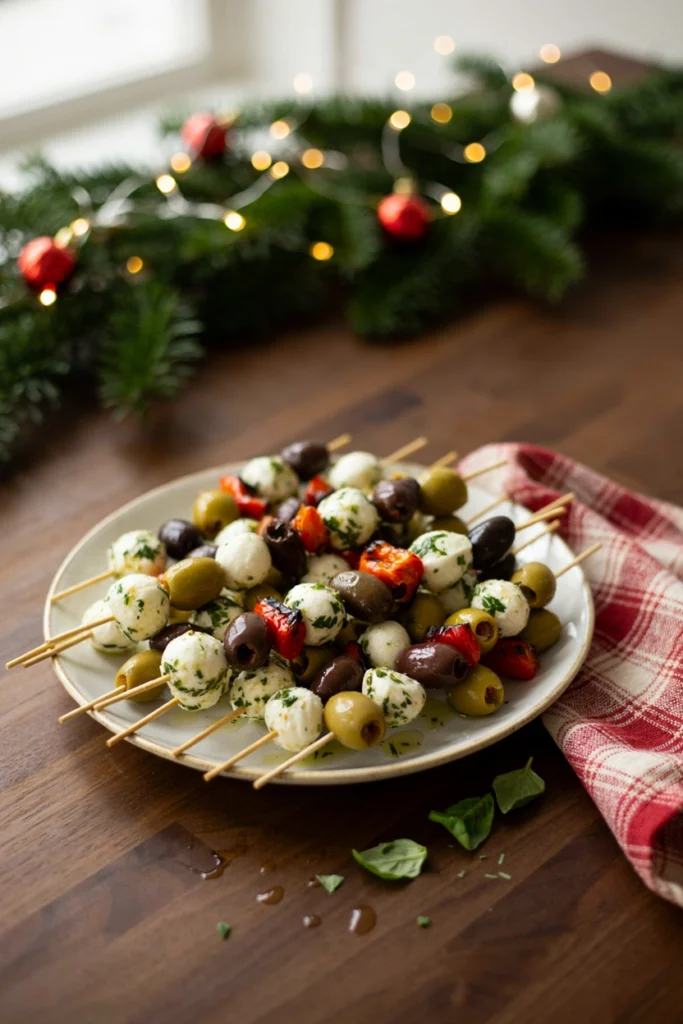 Marinated mozzarella balls and olives threaded onto skewers