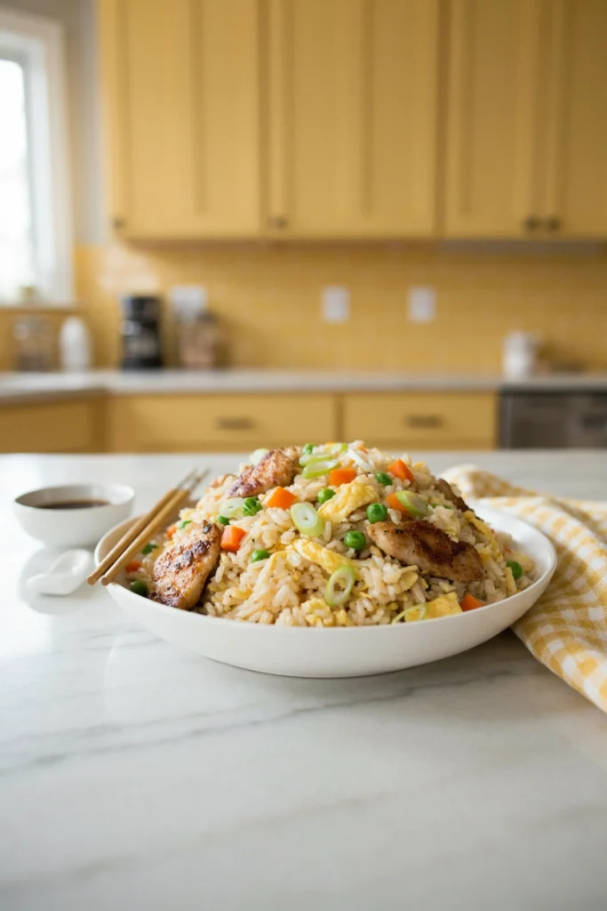 Chicken fried rice with peas, carrots, and egg