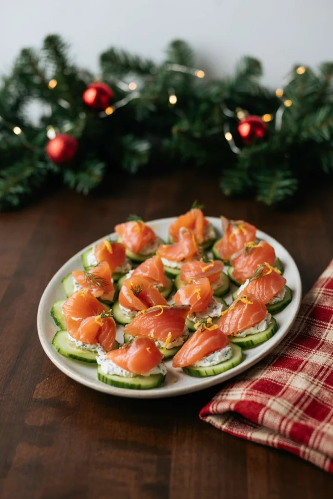 Smoked salmon cucumber bites topped with dill cream and lemon zest