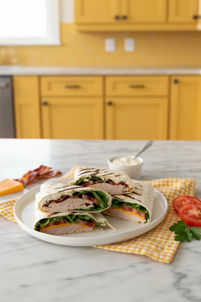 Turkey club wraps with bacon, lettuce, and tomato