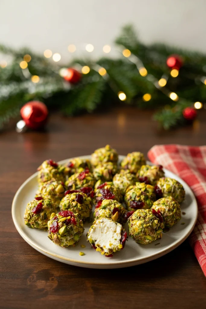 Small round cranberry goat cheese truffles rolled in chopped pistachios on a serving plate