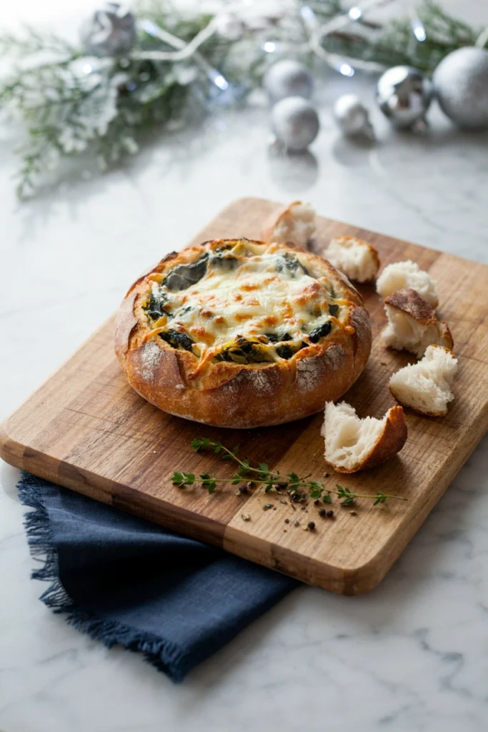 Spinach Artichoke Dip in a Bread Bowl, Christmas potluck recipe