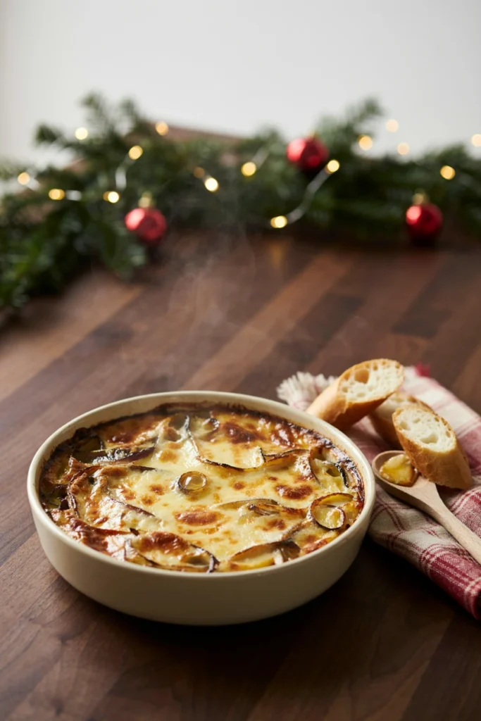 A bubbling baking dish of caramelized onion and Gruyere dip with a golden, crackled top