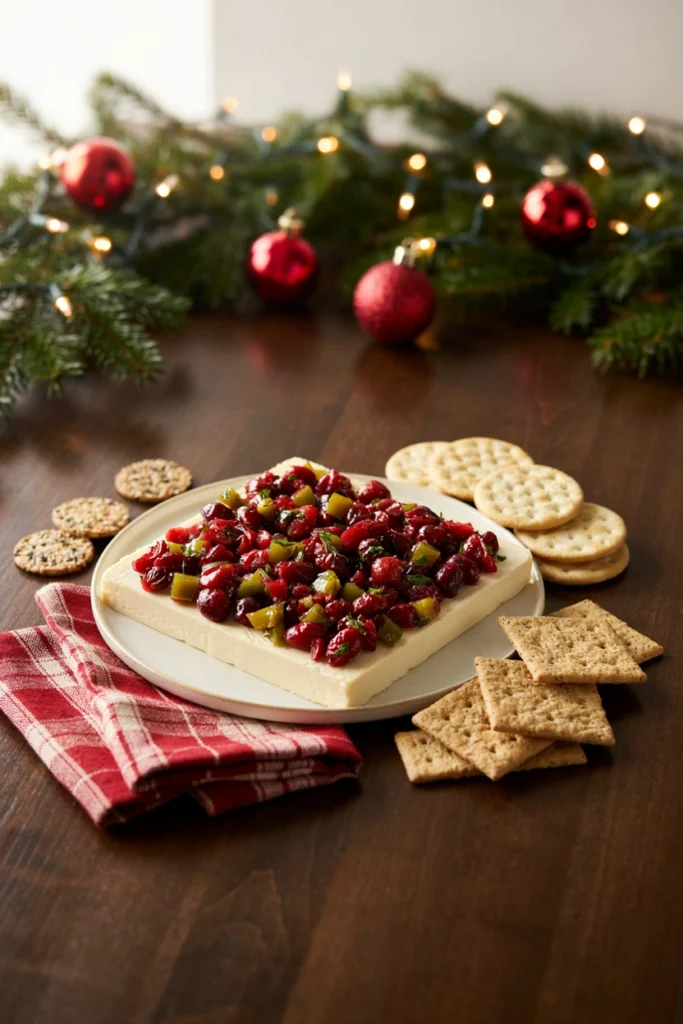 A block of cream cheese topped with cranberry jalapeno relish and served with crackers