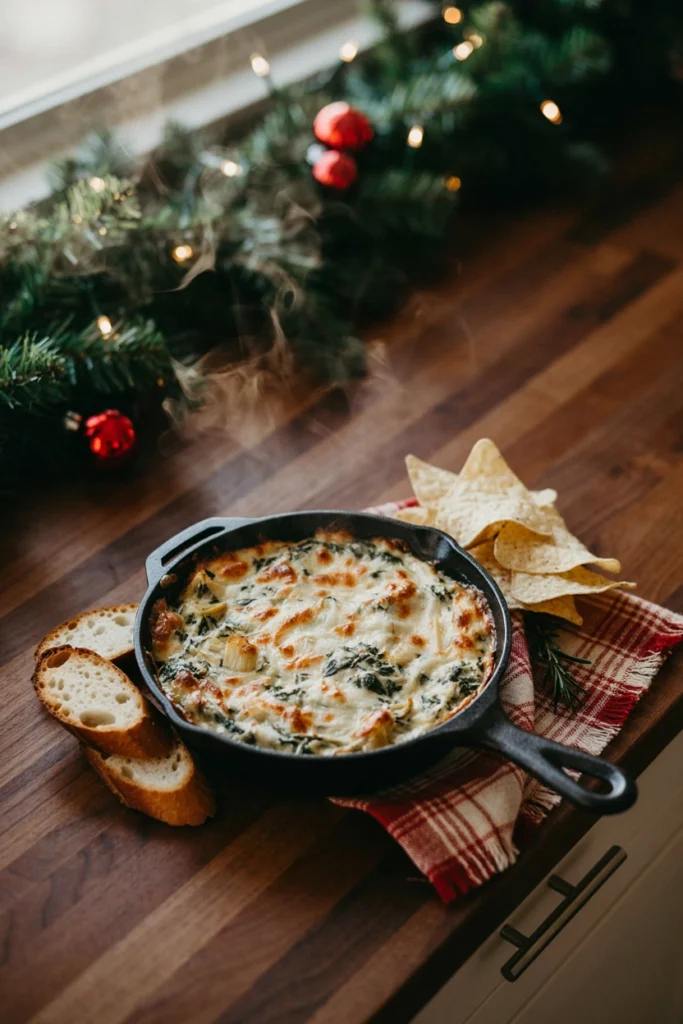 Spinach artichoke dip served bubbling hot in a mini cast-iron skillet
