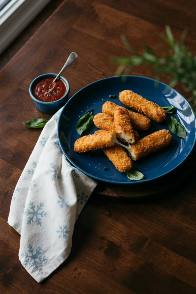 Golden breaded mozzarella sticks pulled apart with a cheese stretch