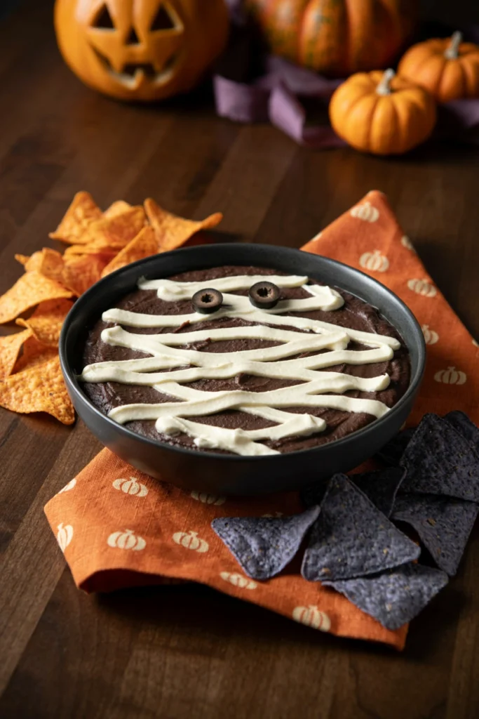 Black Bean Mummy Dip Bowl - Halloween appetizer recipe