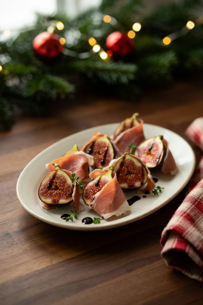 Fresh fig halves wrapped in prosciutto and drizzled with balsamic glaze on a platter