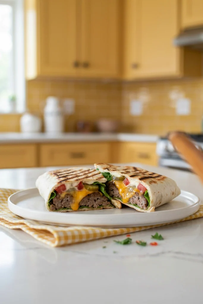 Cheeseburger wraps sliced in half