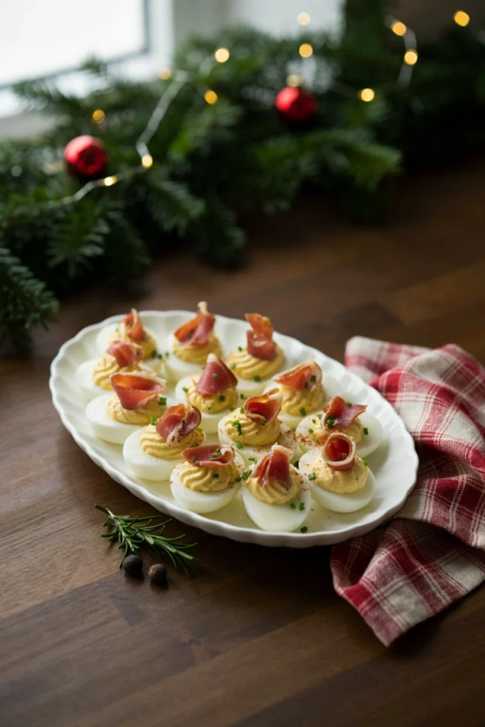 Deviled eggs topped with crispy prosciutto shards and chives, arranged on a platter