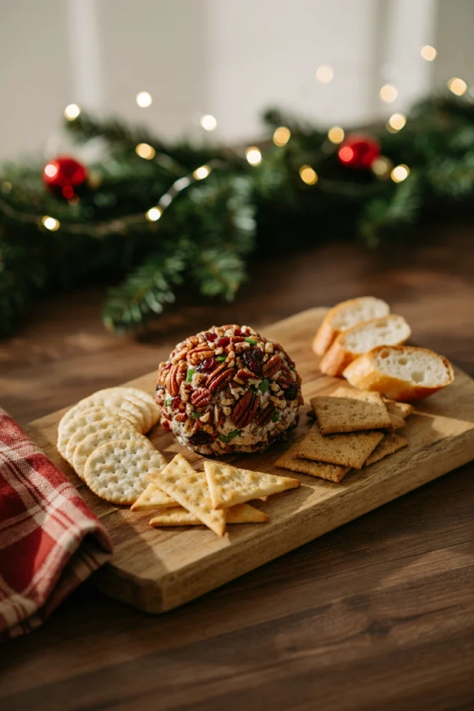 A cranberry pecan cheese ball rolled in chopped pecans on a wooden board