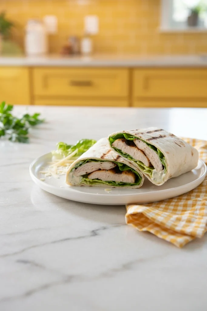 Chicken Caesar wraps sliced in half