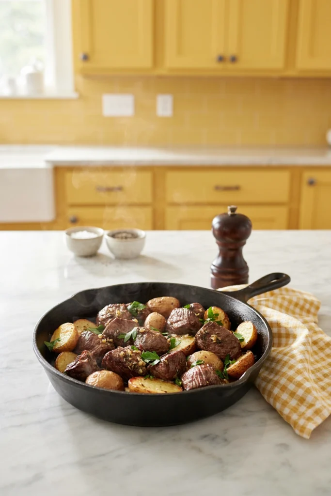 Garlic butter steak bites with crispy potatoes in a skillet