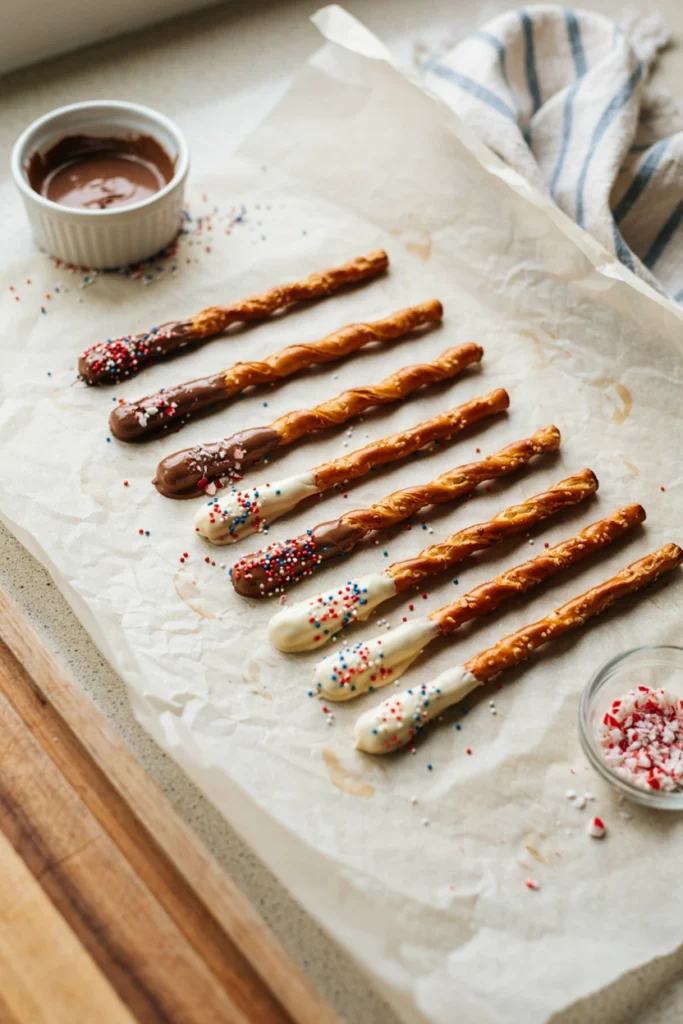 Pretzel rods half-dipped in chocolate and rolled in colorful sprinkles