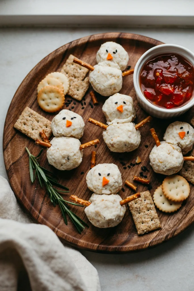 Small white cheese ball snowmen with pretzel arms on a cracker platter