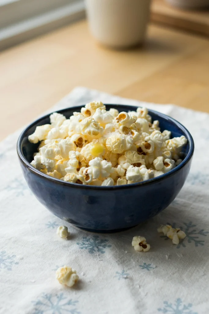 Glossy buttered popcorn with visible flakes of sea salt