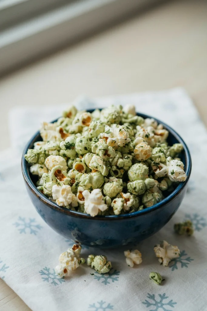 Bowl of popcorn tossed in green ranch seasoning