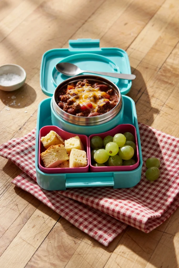 Small thermos cup of chili with cheese melting on top