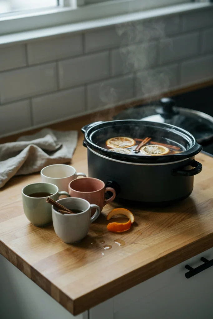 Slow cooker of caramel apple cider with cinnamon sticks and orange slices