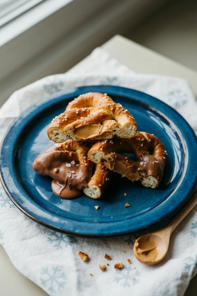 Small pretzel sandwiches with peanut butter filling, some dipped in chocolate