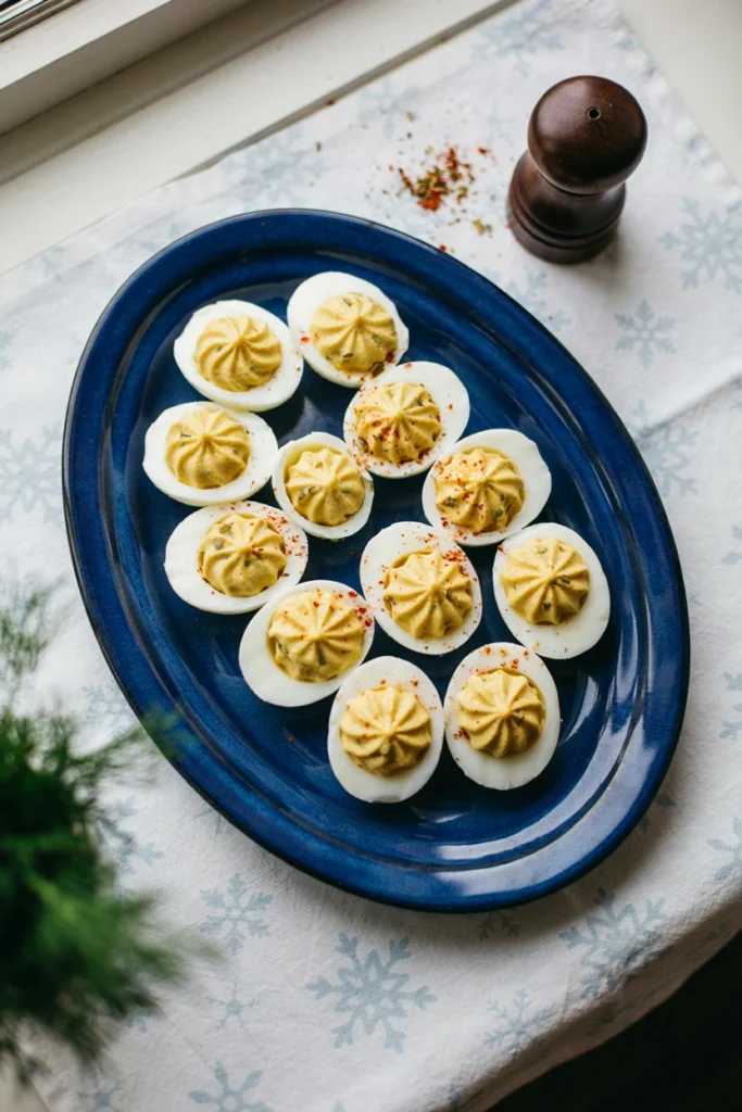 Deviled eggs on a platter dusted with paprika