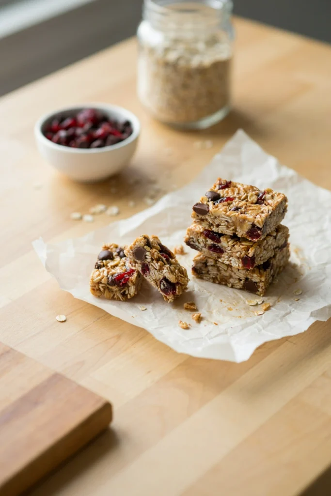Stacked homemade granola bars with oats, dried fruit, and chocolate chips