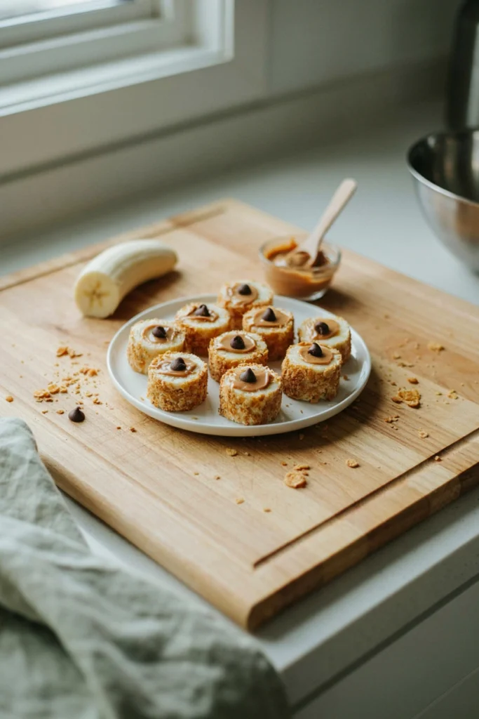 Sliced banana sushi rolls coated in peanut butter and crushed cereal