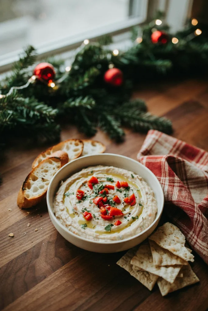 A bowl of smooth white bean dip topped with roasted red peppers and fresh herbs
