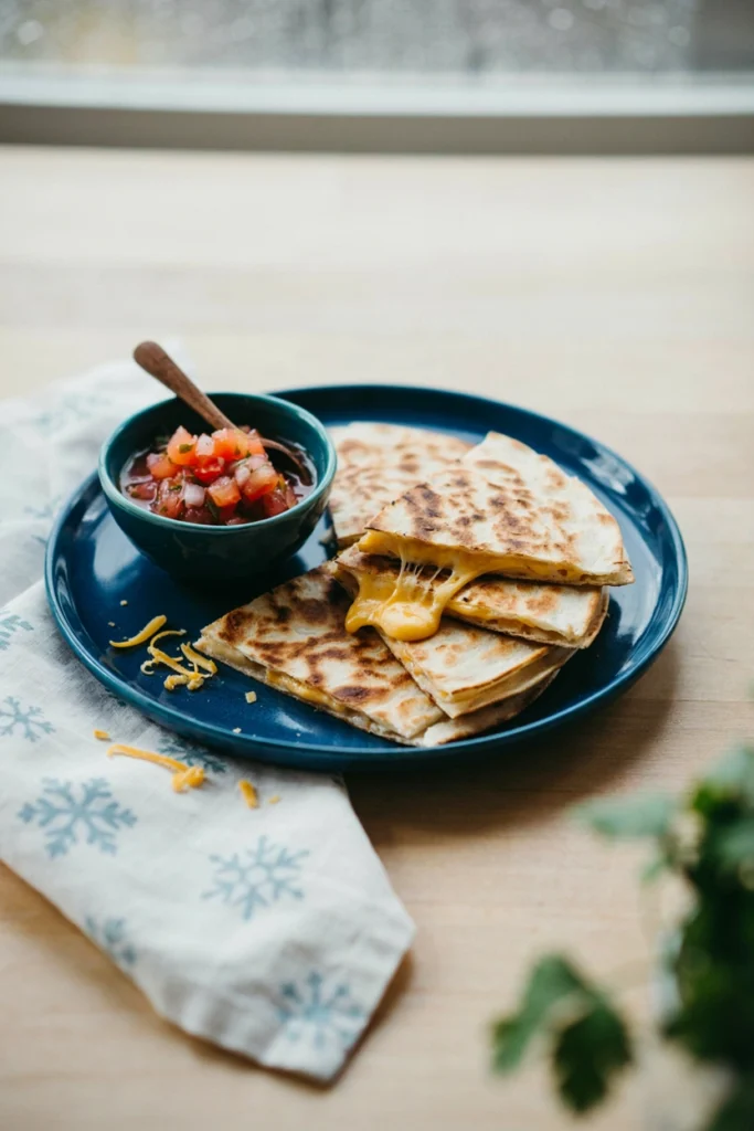 Quesadilla cut into wedges showing stretchy melted cheese