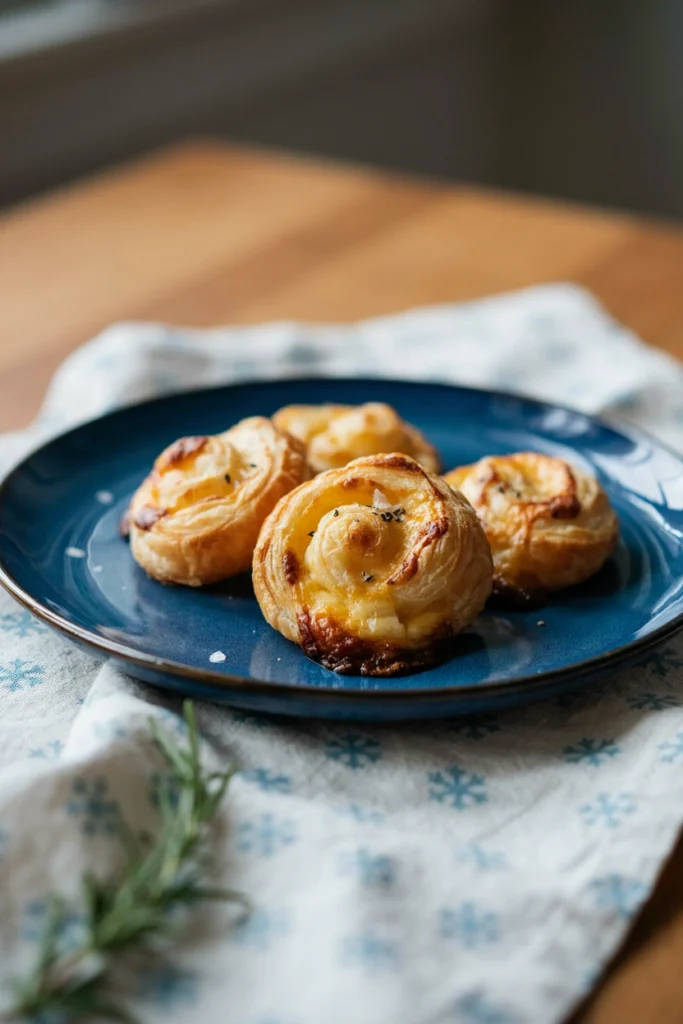 Golden spiral puff pastry cheese twists on a baking sheet