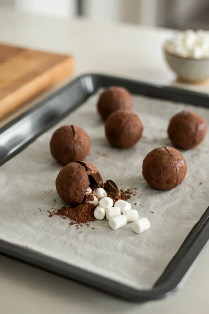 Chocolate cocoa bomb spheres filled with cocoa mix and mini marshmallows