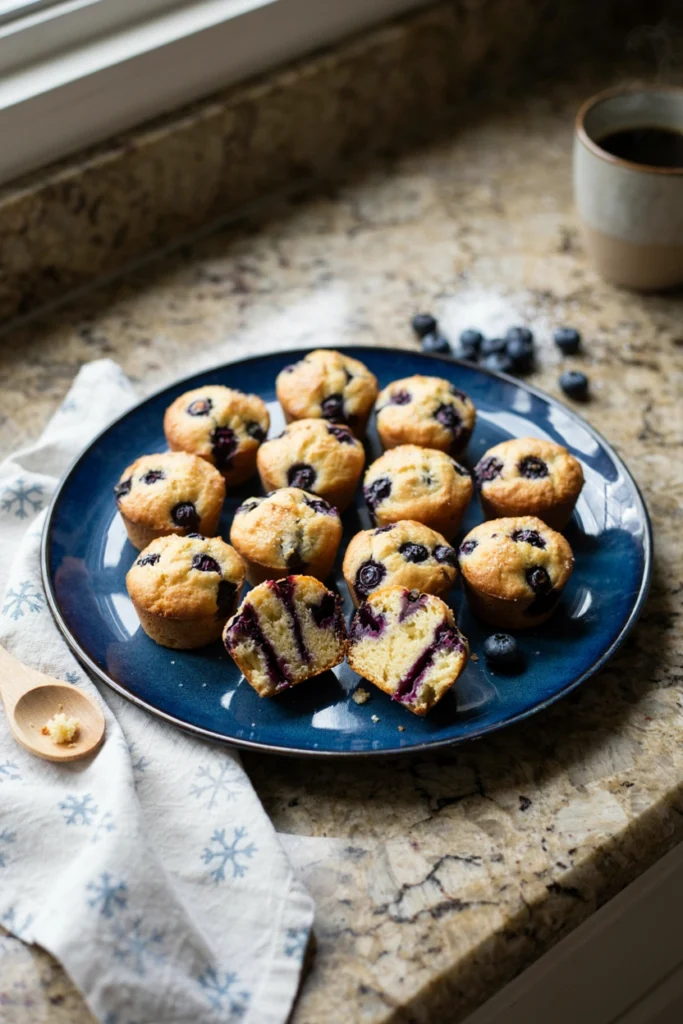 Tray of golden mini blueberry muffins, one broken open