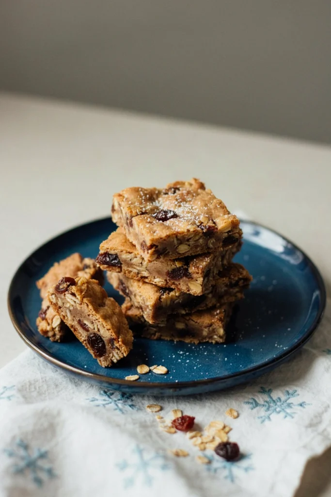 Pan of thick oatmeal raisin bars cut into squares