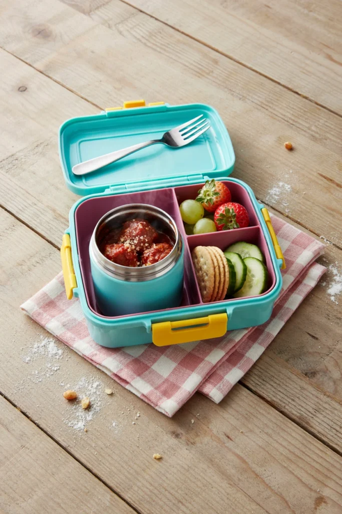 Small chicken meatballs in tomato sauce inside a thermos