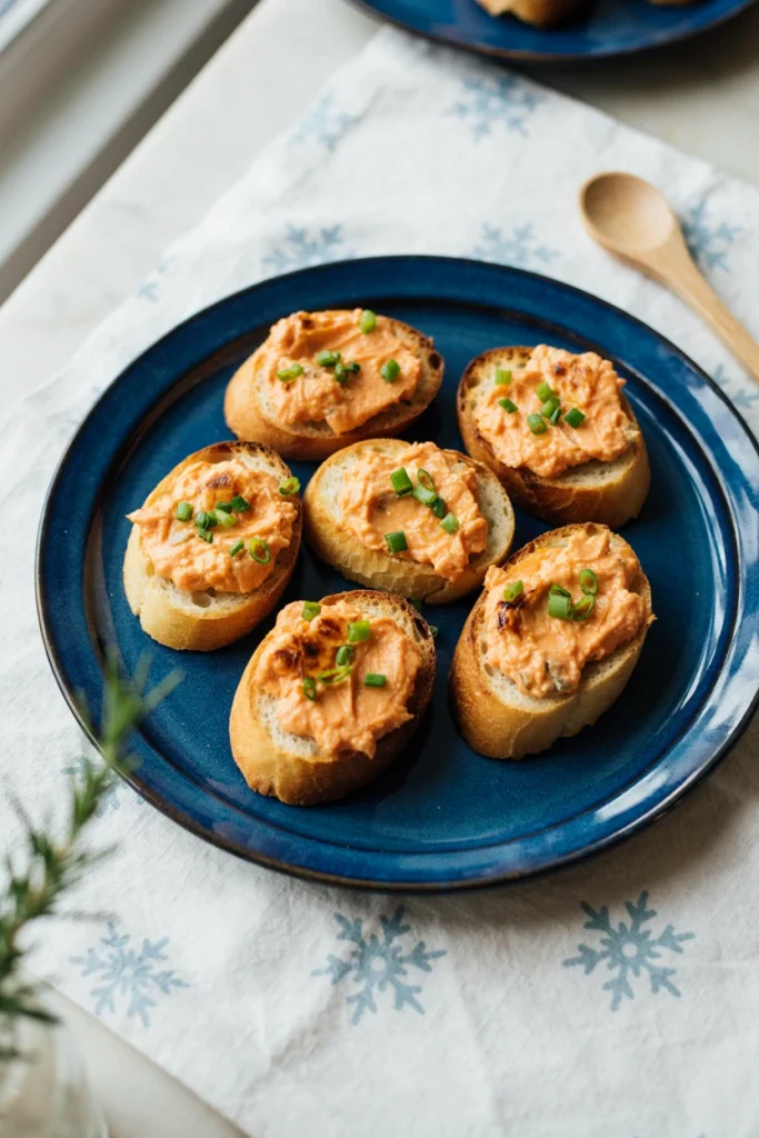Toasted bread rounds topped with buffalo chicken dip and green onion