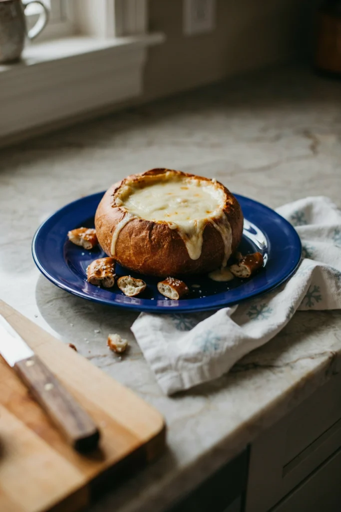 Warm cheese dip in a hollowed bread bowl with pretzels for dipping