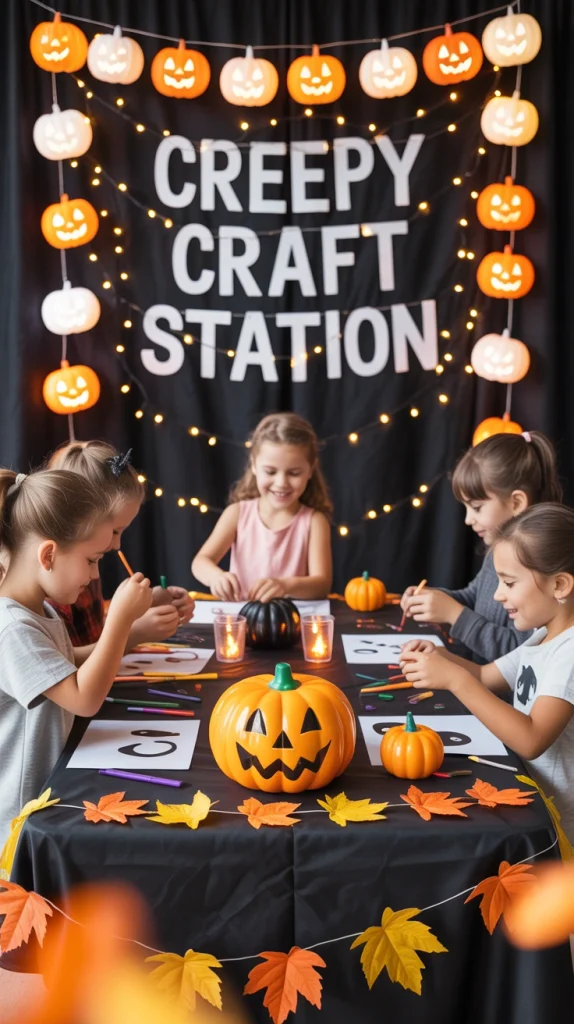 Halloween craft station with paper crafts laid out on a covered table at a kids Halloween party