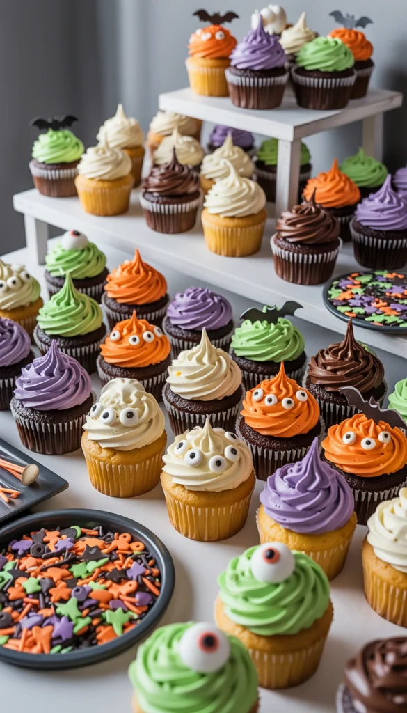 Kids decorating monster cupcakes with candy eyeballs and sprinkles at a kids Halloween party