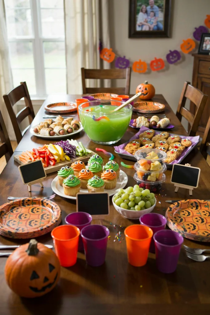 Kid-friendly Halloween party menu on a buffet table with themed food labels at a kids Halloween party