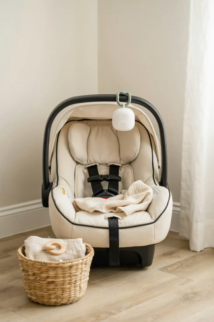 Portable baby sound machine clipped to a car seat, a baby shower gift idea